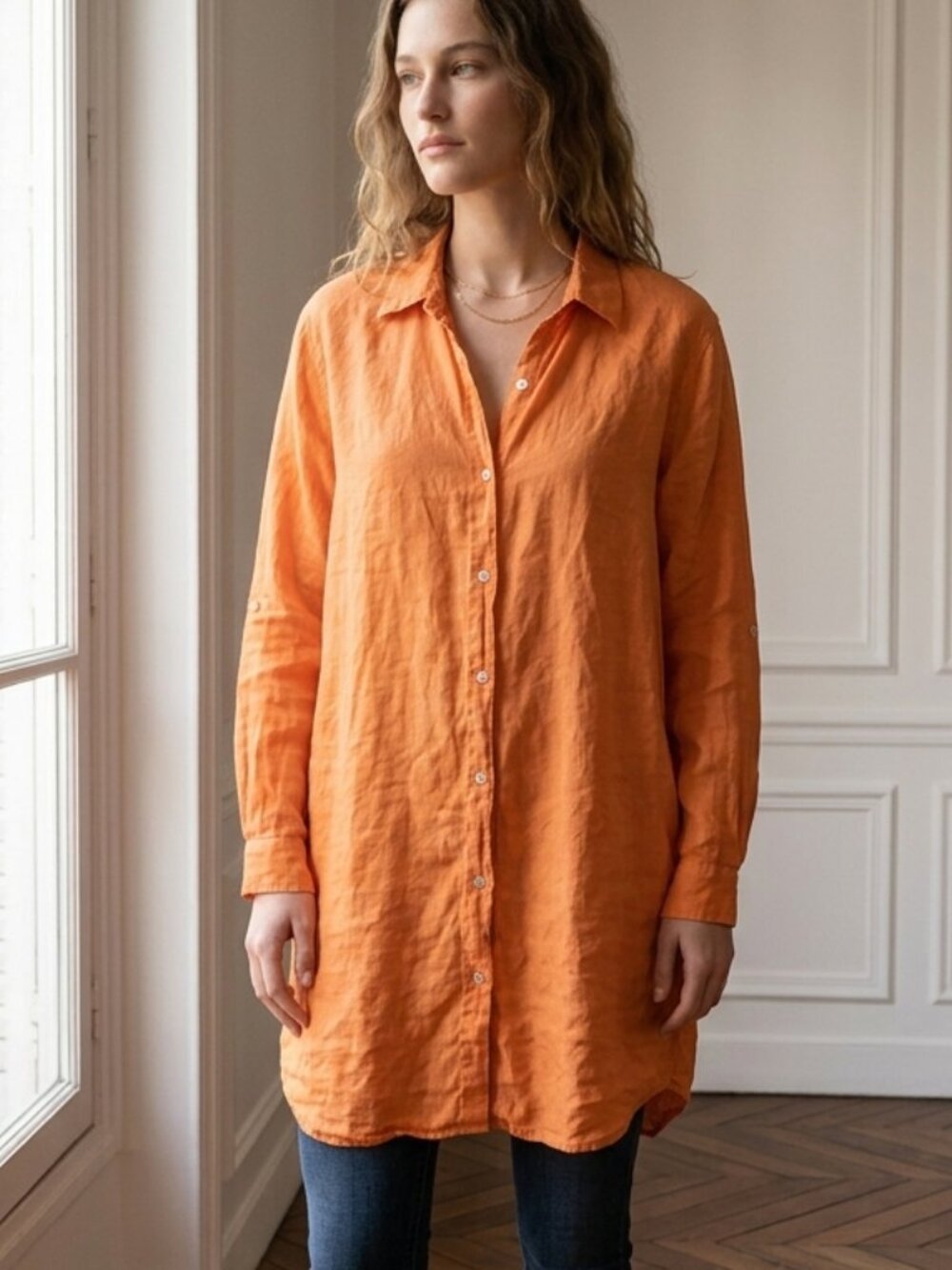 Rosemarine 100% Linen Button-Front Orange Tunic Shirt Size Large